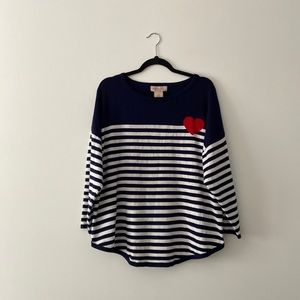Philosophy Navy White Striped Red Heart Round Curved Hem Sweater Top Size 1X